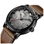 Carlien New 3D Engraved Wolf Dial Quartz Watch for Men Big Face Sport Leather Casual Wristwatch