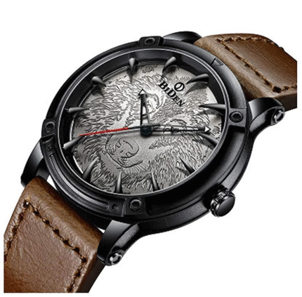 Carlien New 3D Engraved Wolf Dial Quartz Watch for Men Big Face Sport Leather Casual Wristwatch