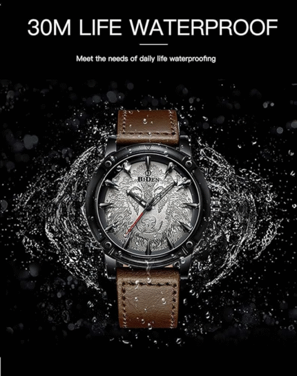 Carlien New 3D Engraved Wolf Dial Quartz Watch for Men Big Face Sport Leather Casual Wristwatch